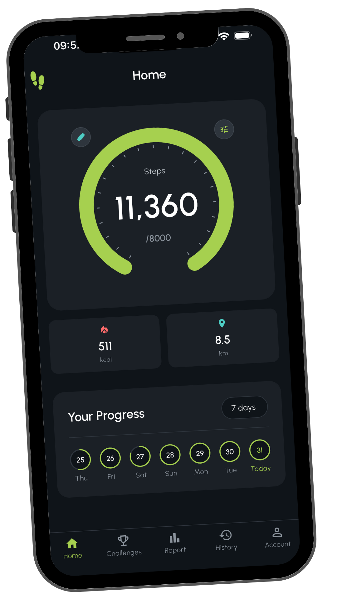 Strift step counter app home screen displaying daily walking steps, calories burned, and personal challenge progress