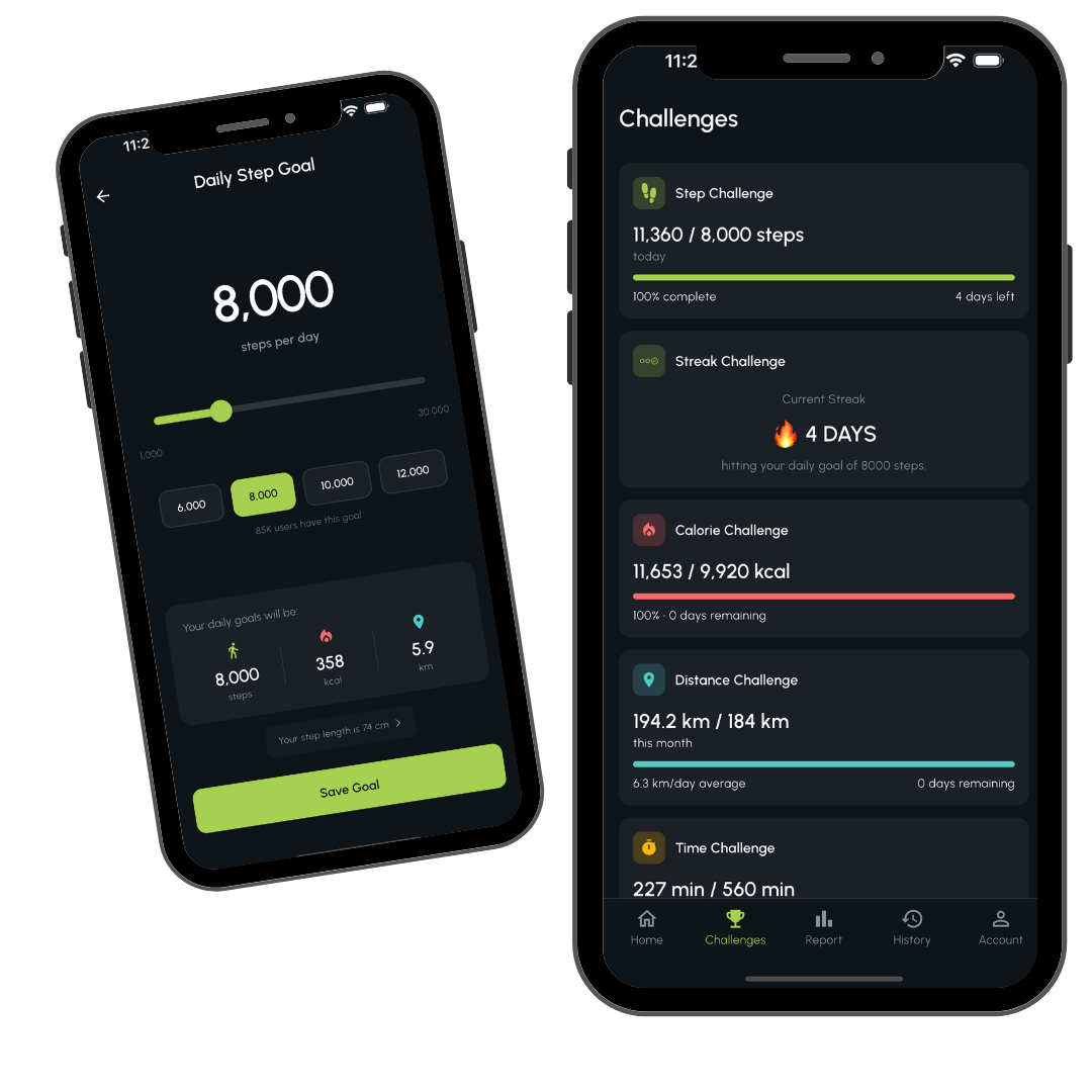 Personal step challenge screen with daily walking goals, calorie counter, and weight loss progress tracking